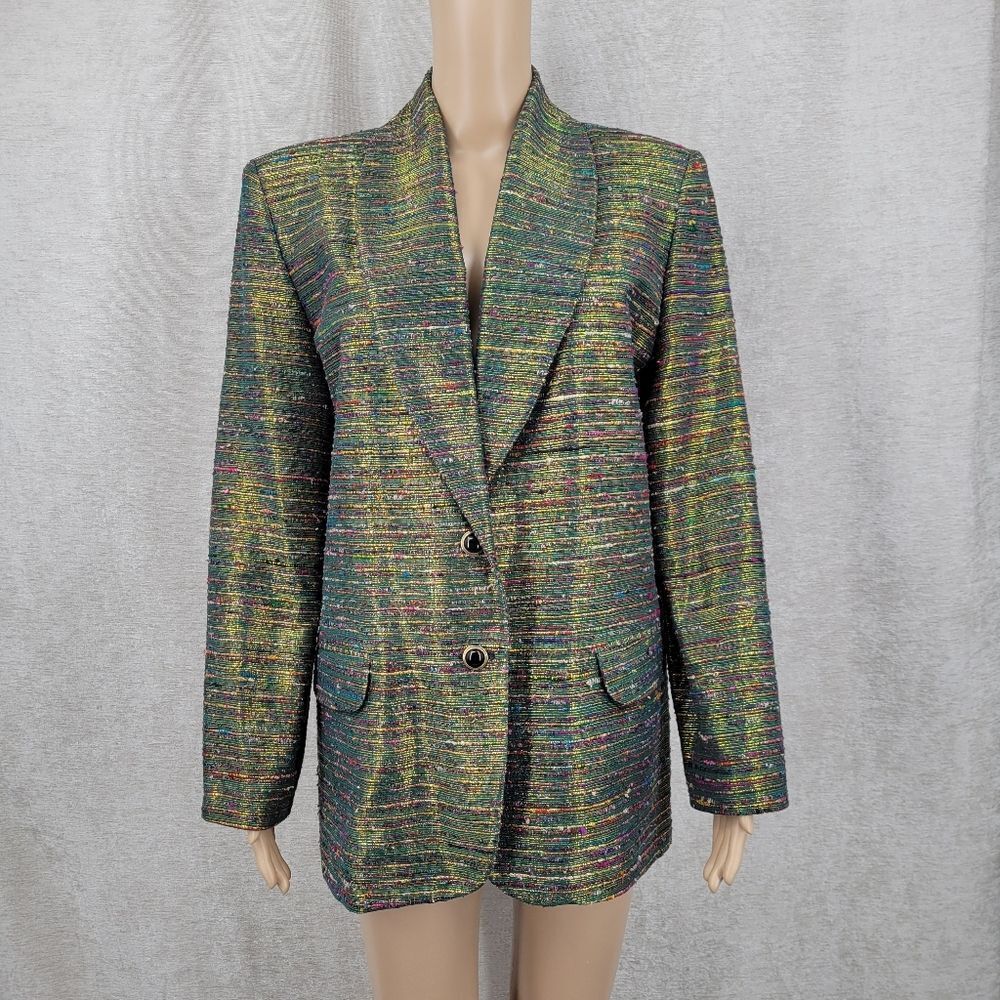 Vinci Vintage Silk Tweed Blazer Jacket Longline Green Metallic Gold  Festive
